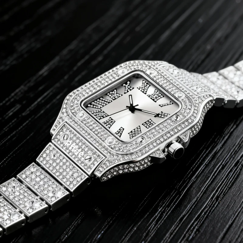Pffee 18K HipHop Men Watches Rapper Jewelry Silver Gold Plated relojes para caballeros Gift Luxury Quartz Watch Iced Out