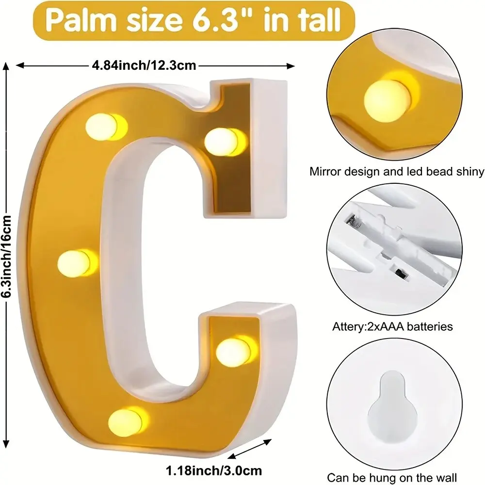 1PC 16cm Golden Numbers&English Led Letter Light,Battery Powered Decoration Light For Festive,Birthday,Wedding,Party,Celebration