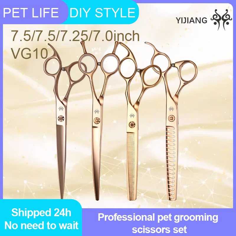 

Yijiang Professional Pet Grooming Kit 7.5/7.5/7.25/7inch Straight Curved Thinning Chunker Scissors Set for Dog Cats Shears