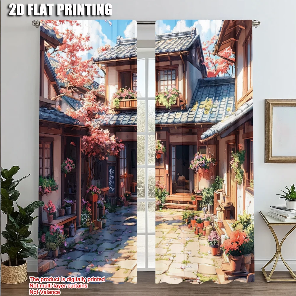 

2pcs, Popular Curtains 2D print Temple Landscape Versatile Fabric (without rod) Decorations Outdoor Ldeal for Bedroom, Living