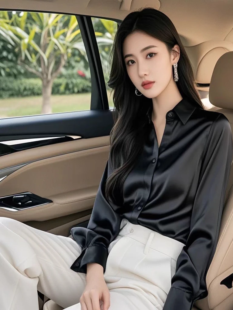 قميص نسائي أنيق بأكمام طويلة من الساتان لمقابلات العمل والتنقل، طبقة أساسية بأسلوب كوري فضفاض مع تفاصيل الأزرار #5