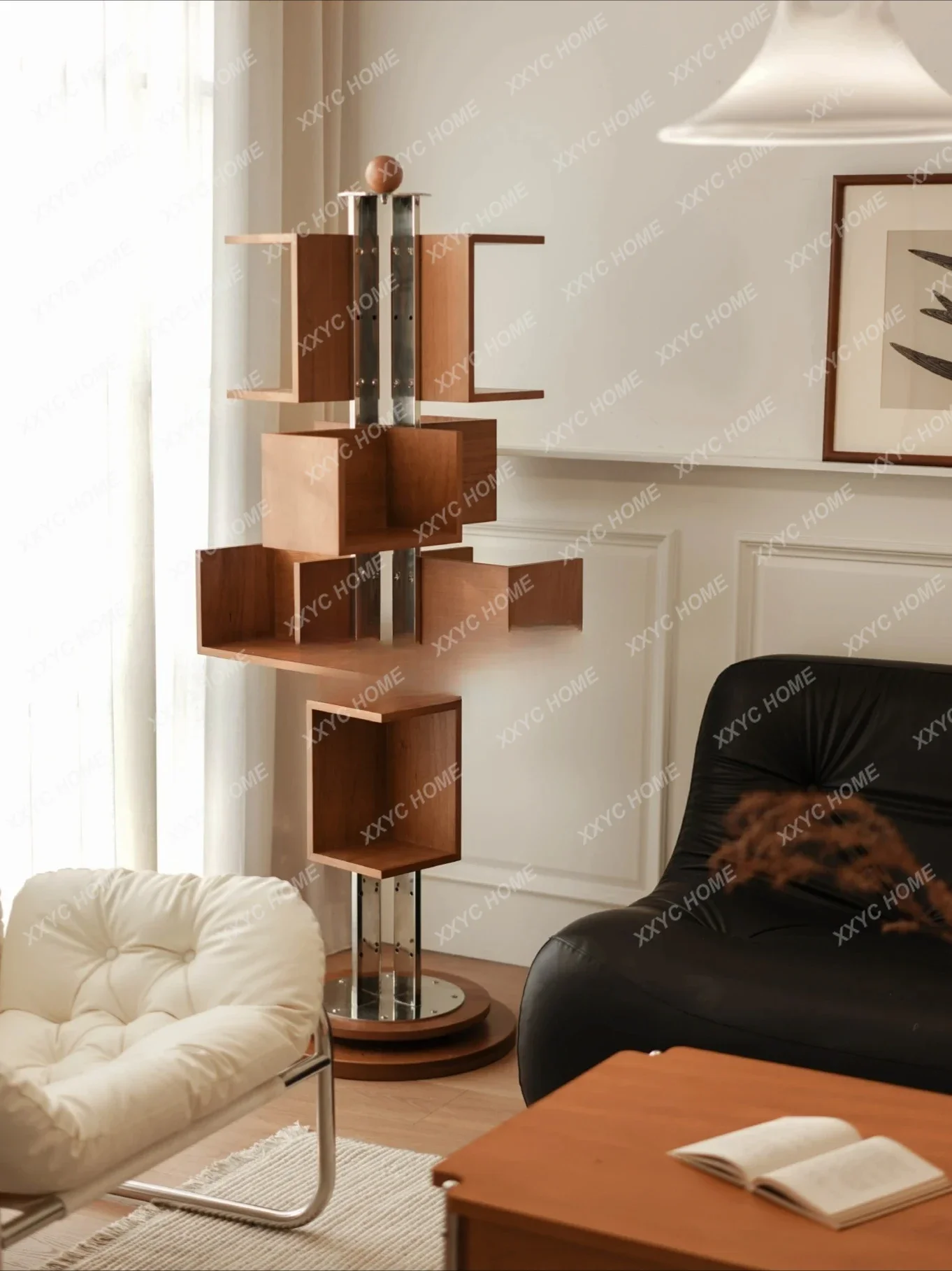 A  Rotating bookshelf Floor-to-ceiling shelf integrated against the wall Library solid wood free combination