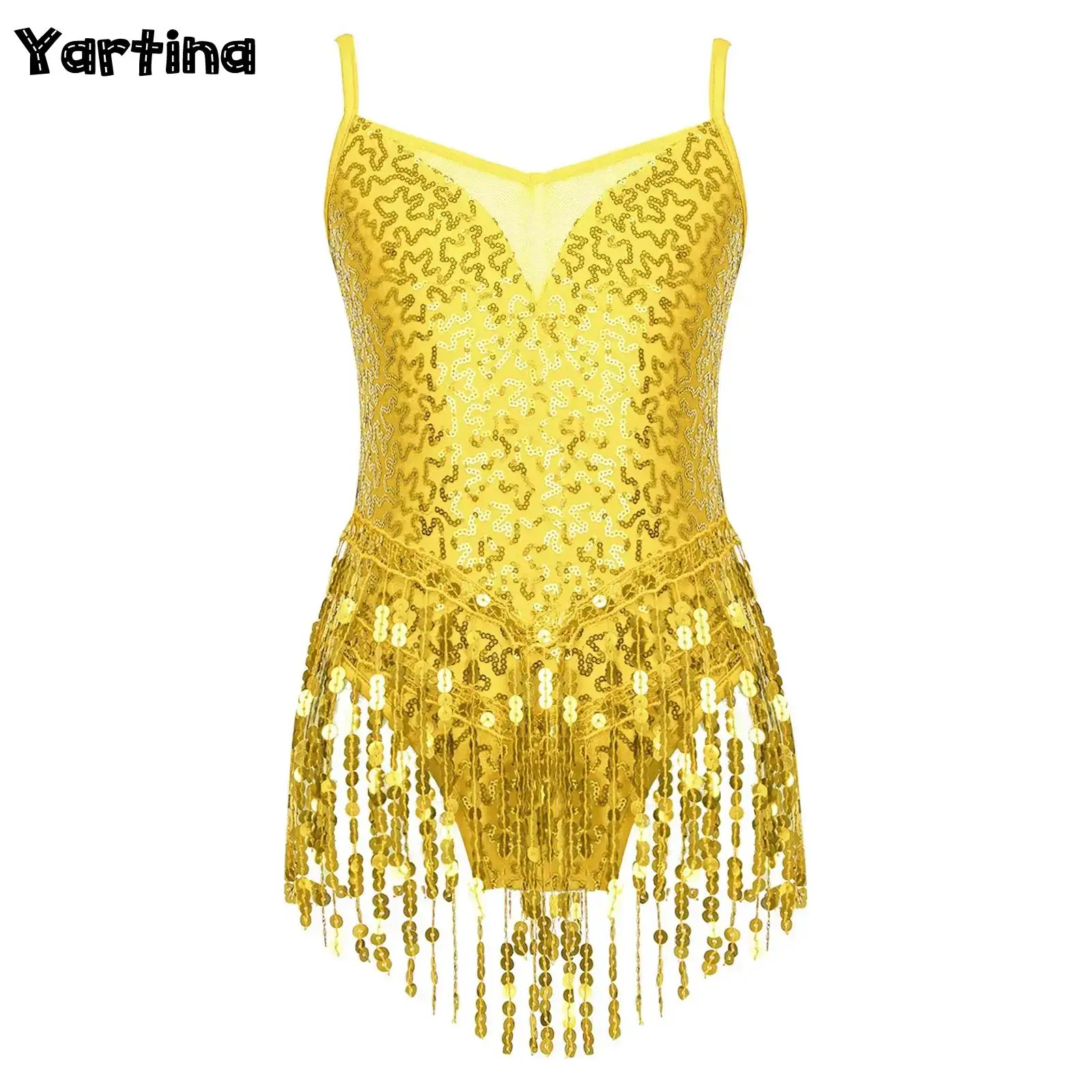 Toddler Girls Gymnastics Ballet Fringed Leotard Jumpsuits Jazz Latin Dance Performance Costume Shiny Sequins Tassel Hem Bodysuit