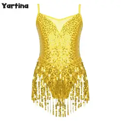 Toddler Girls Gymnastics Ballet Fringed Leotard Jumpsuits Jazz Latin Dance Performance Costume Shiny Sequins Tassel Hem Bodysuit