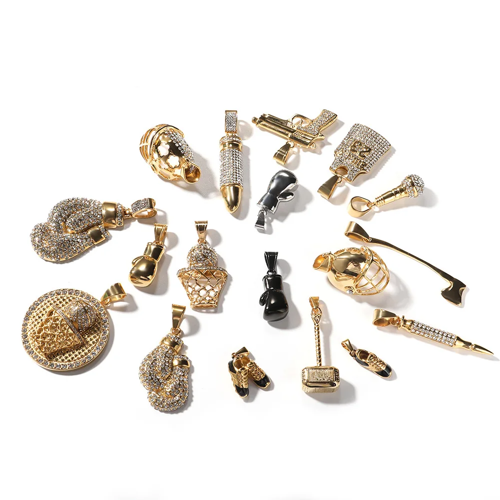 Hip Hop Gold Color Stainless Steel Boxing Glove Baseball Cap Axe Shoe Pendants Necklaces for Men GYM Jewelry Drop Shipping