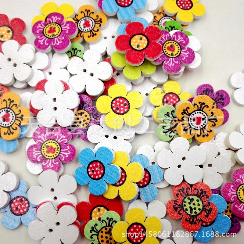 Cinco botones de flor de ciruelo de 2 cm, botones de madera con estampado de girasol, botones de bricolaje de madera 100 en un paquete.