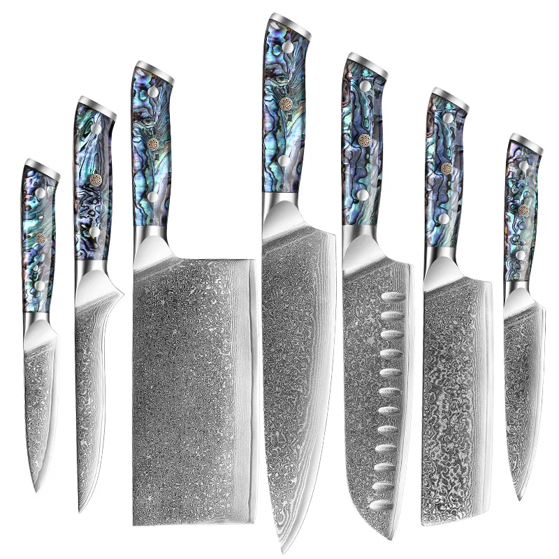 7 PCS Kitchen Knives Set Chef Cleaver Utility Paring Slicing Santoku Nakiri 10Cr15MoV Damascus Steel Knife Abalone Shell Handle