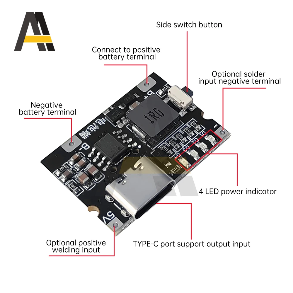 Módulo de Potência Step-Up, Tipo-C USB, 18650 Carga da Bateria de Lítio, Descarga Boost, Placa Ajustável Integrada, 5V, 3.1A