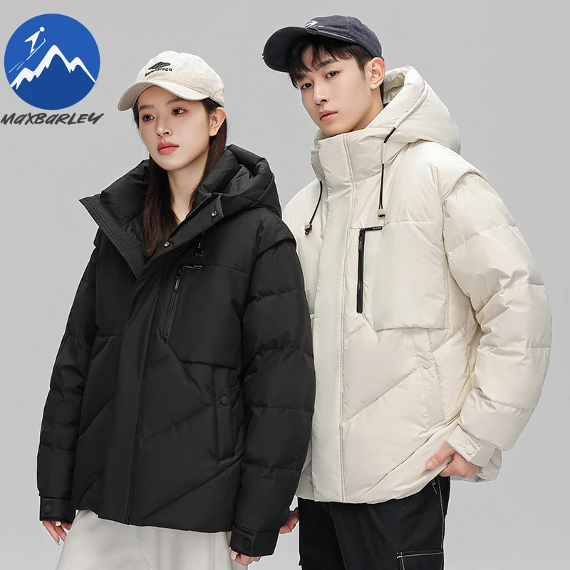 Maxbarley Neutral Down Jacket Hood Outdoor Travel Windproof Warm Parka Premium Detachable Sleeves Vest Lightweight Padding  Coat