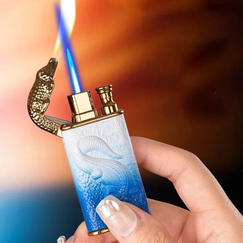 Creative 3D Embossed Crocodile Double Fire Lighter Metal Windproof Jet Fire Open Flame Convertible Gas Lighter Gift
