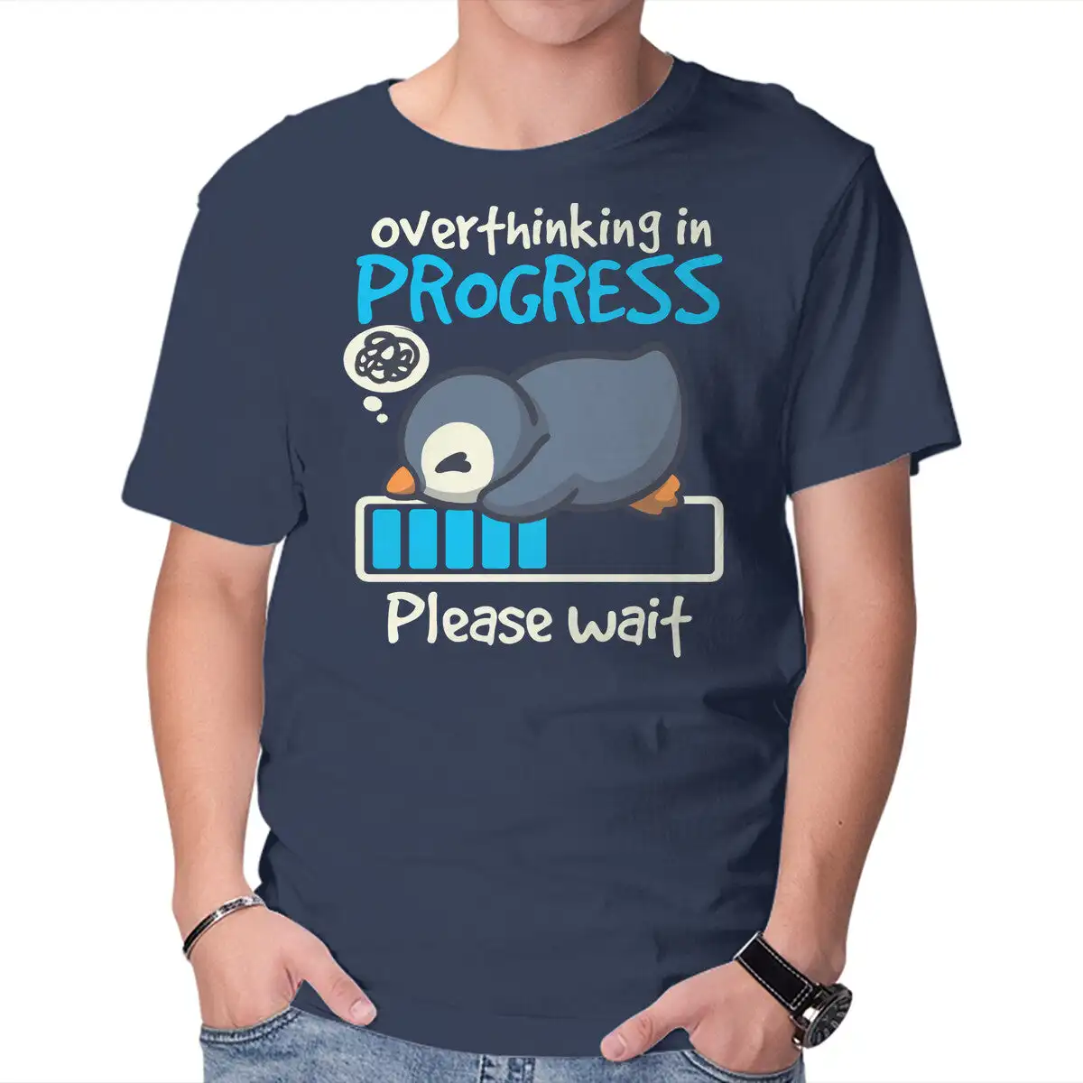 

Penguin Overthinking In Progress Anime Graphic T-shirts For Men Clothing Women Short Sleeve Tees Vintage High Quality 100%Cotton