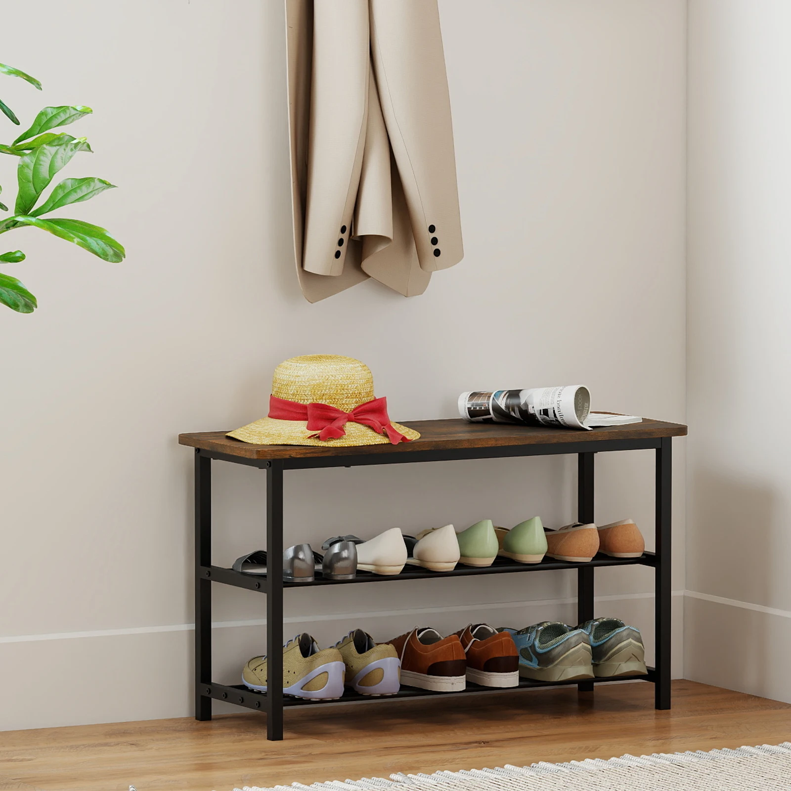 3-Tier Shoe Rack Bench With Metal Slat Shelves And Long Wooden Seat, Sturdy Frame Supports 300 Lbs, Entryway Living Room Bedroom Storage, Rustic Brown