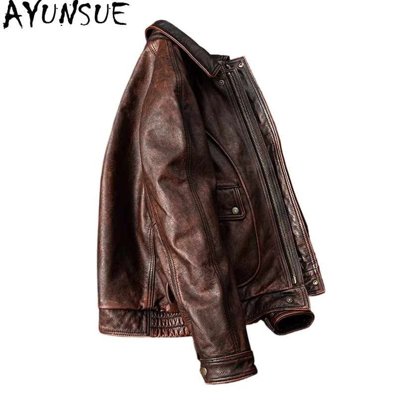 AYUNSUE Vintage Distressed Men Genuine Leather Jacket Lapel Short Slim Fit Top‑Grain Cowhide Real Leather Coat Man Chaquetas New