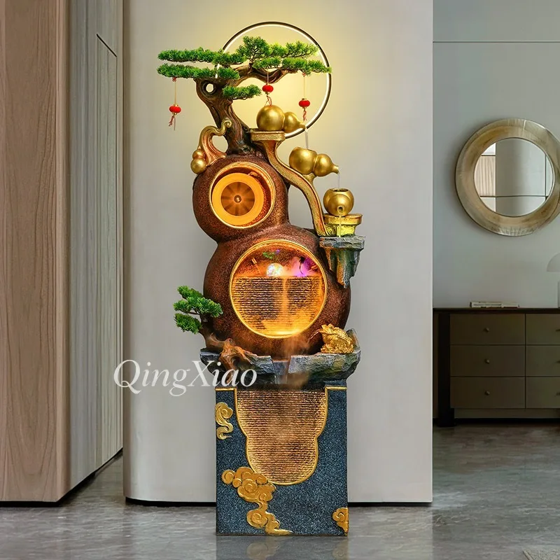 Floor Standing Water Fountain Ornament Double Gourd Water Wheel Pine Sculpture for Living Room Entryway Office Home Decor Gift