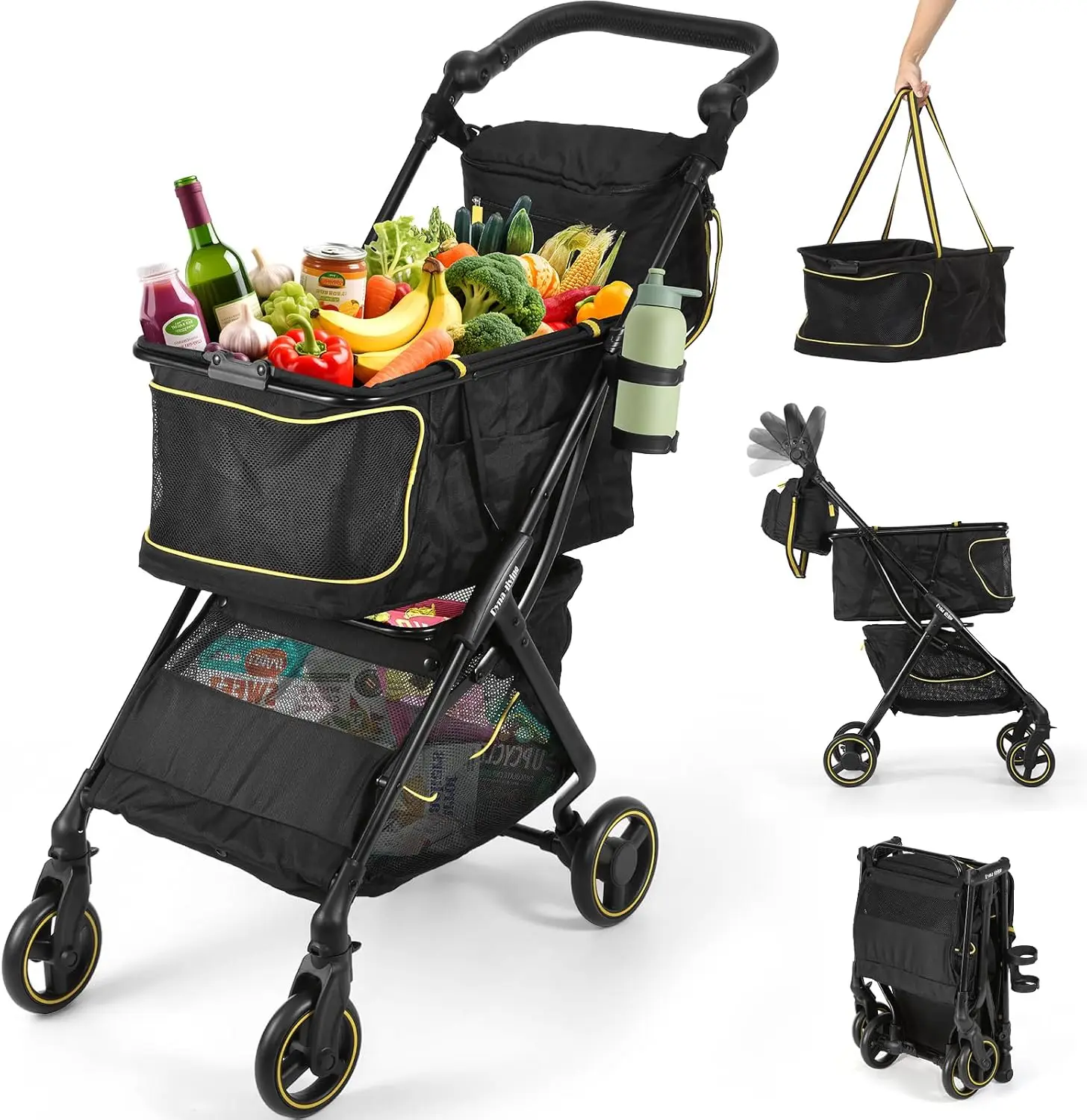 Foldable Shopping Cart With 360 Swivel Wheels Lightweight Aluminum Grocery Utility Cart Adjustable Handle 600D Oxford Fabric Storage Bag Portable Utility Cart Silver Black