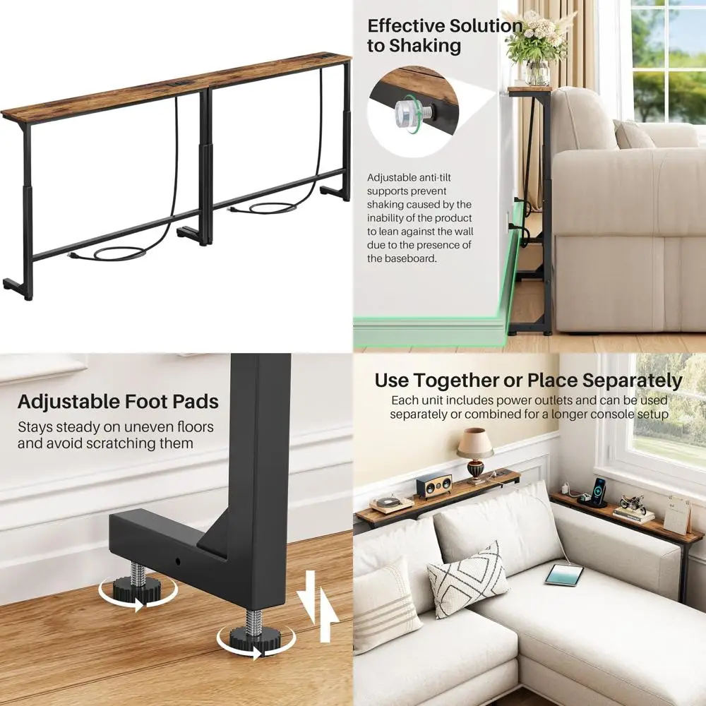 Adjustable Height Narrow Sofa Side Table, 79 L x 5.9 W, 2 Power Outlets, Rustic Brown Console