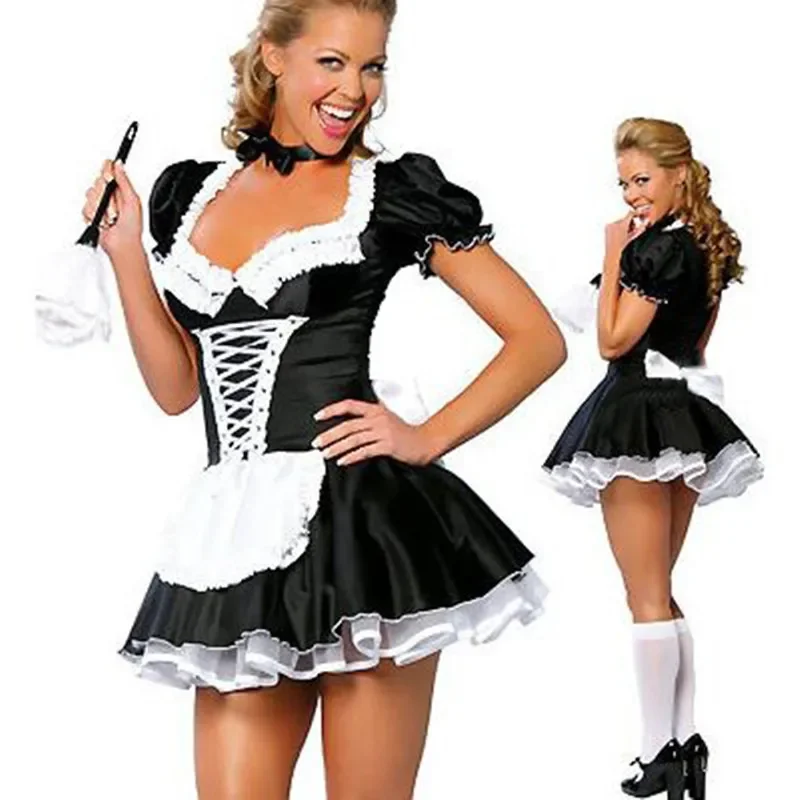 Nero carino cameriera francese Costume Cosplay vestito Lolita ragazze Sexy abiti donna cameriera festa vestiti di scena Plus Size