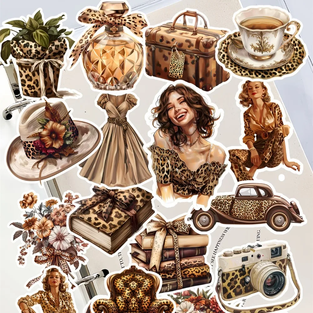 18pcs Retro leopard print fashionable ladies stickers, stationery, notebook, account materials, phone cases  luggage, guitar