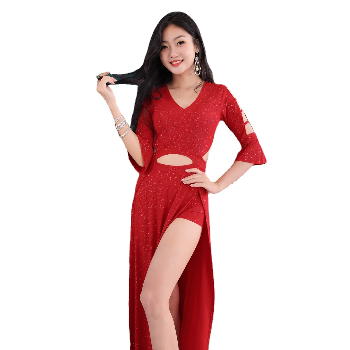 ملابس الرقص الشرقي بدلة نسائية جديدة للخريف والشتاء فستان حفر مثير أداء الملابس الممارسة