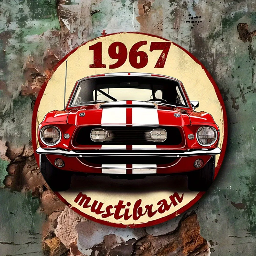 Letrero de metal con impresión HD del coche clásico Mustang de 1967 – Con el clásico Ford Mustang rojo con franjas blancas de carreras, Round He