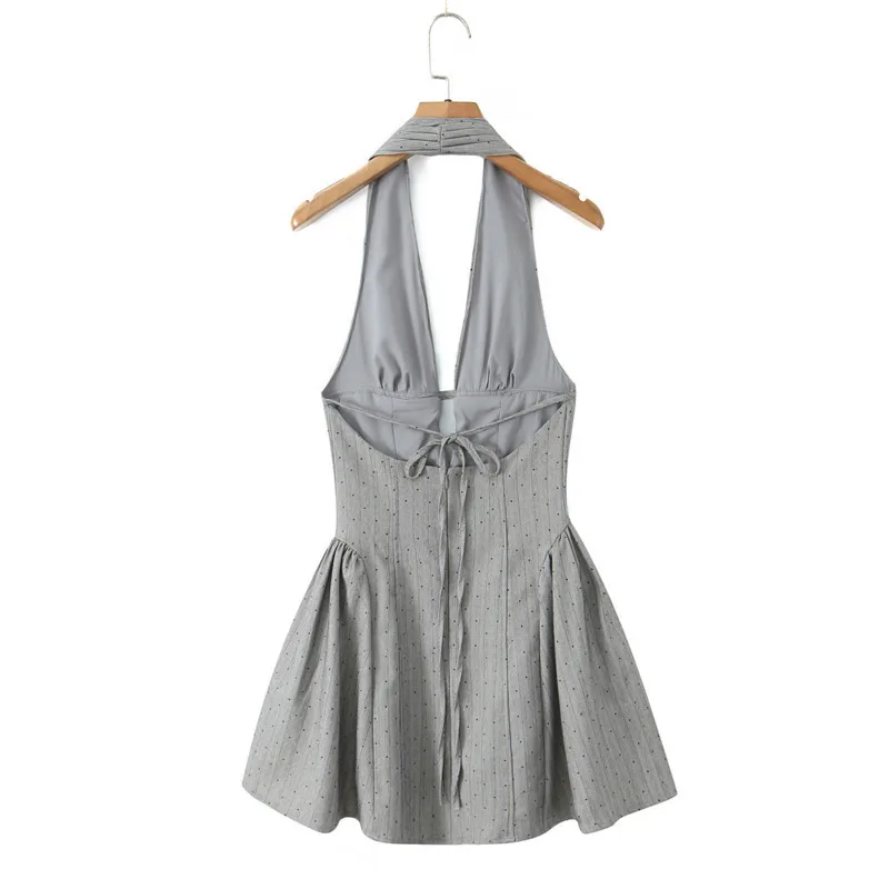 HKSH صيف جديد المرأة Ins شارع العليا مثير الرسن العميق الخامس الرقبة عارية الذراعين البولكا نقطة Ruched الخصر Cinching فستان قصير HK6442