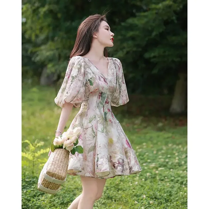 

New Fashion Flower Printed Mini Dress Women French Sweet V-neck Lantern Sleeve Slim Party Dresses Elegant Holidays Vestidos