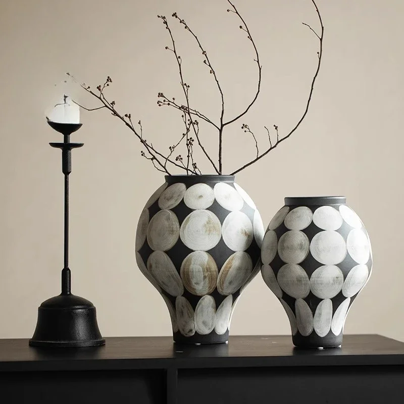 

Hand-painted pattern plaid wabi wind pottery pot decorative ornament high-end Chinese ceramic vase living room flower arrat vase