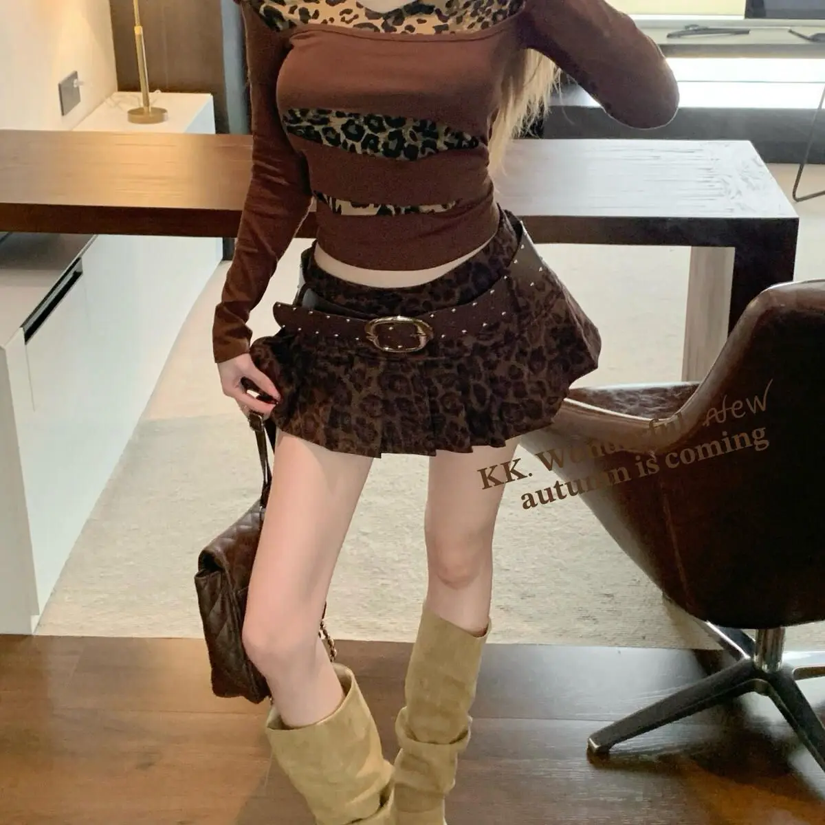 Autunno Nuovo 2025 Gonna a vita alta con stampa leopardata retrò Gonna corta da donna a pieghe Spice Girl