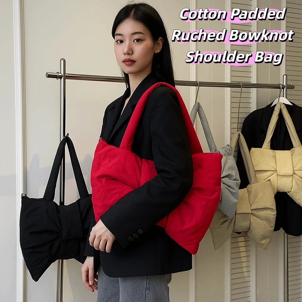 

Корейский стиль, сумка через плечо с рюшами и бантом, большая вместительная мягкая нейлоновая стеганая сумка-тоут, стильные сумки через плечо для покупок