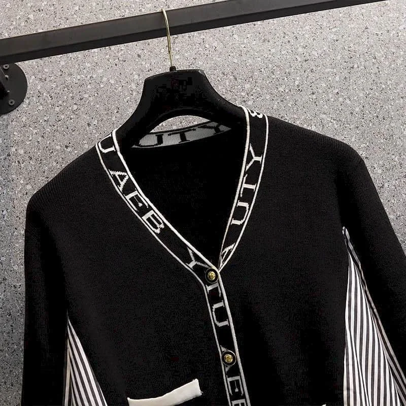 Shirts for Women Knitted Patchwork Navy Striped Casual Long Sleeve Women Tops Loose Korean Style Flounce V-neck Simple Blouses