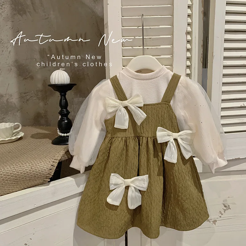 Girls' Spring Dress 2025 New Bubble Sleeve Top Korean Version of Foreign Style Bow Princess Dress Two-piece Set