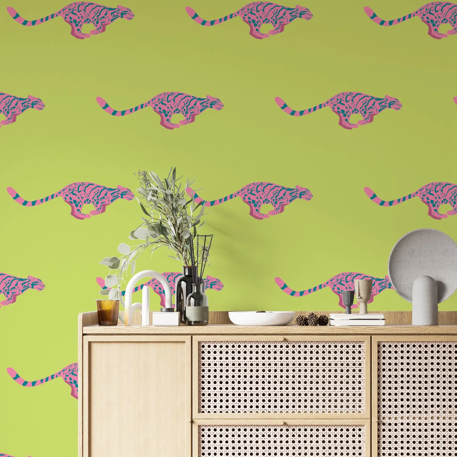 Funky Ocelot Peel and Stick Wallpaper, Green Lime Tiger Wallpaper,Custom Color Removable Wallpaper, Self Adhesive Pink WallPaper