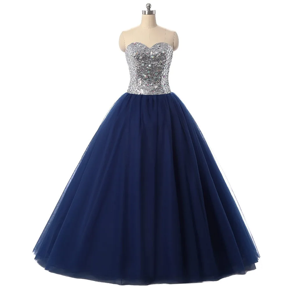 Navy Blau Quinceanera Kleider Ballkleid Schatz Tüll Pailletten Kristalle Mexikanischen Süße 16 Kleider 15 Anos