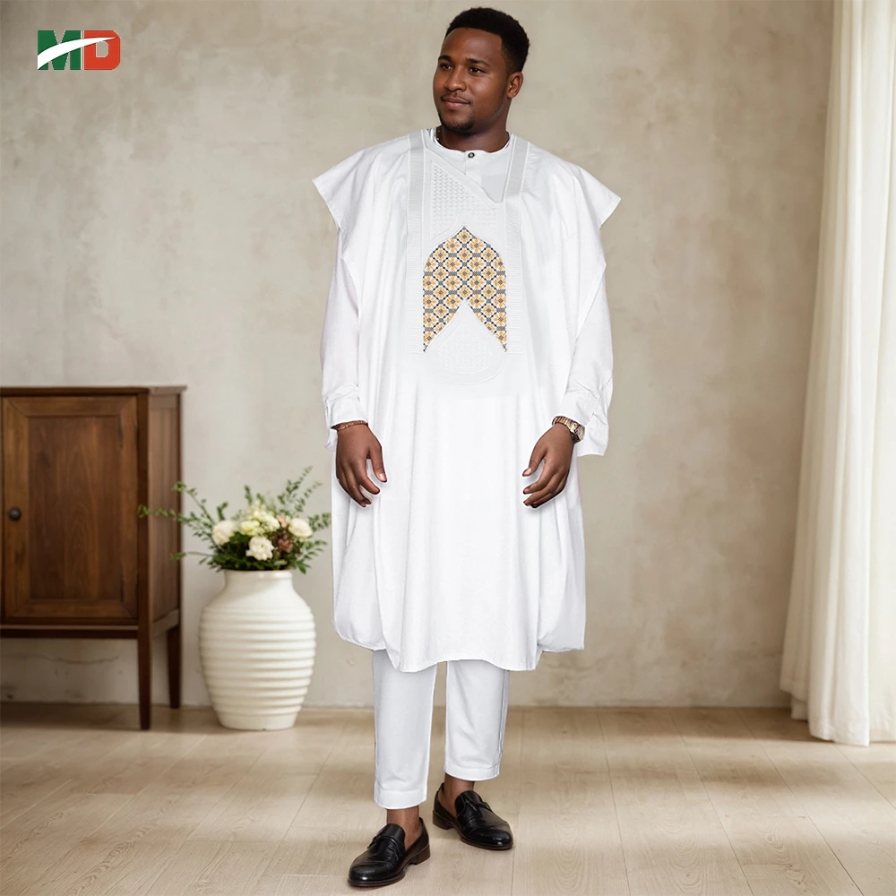 

MD African Clothes Plus Size Men's Elegant Church Dress Africa Party Wedding 3 PC Top and Pants Suits Daily Wear Embroidery Gown