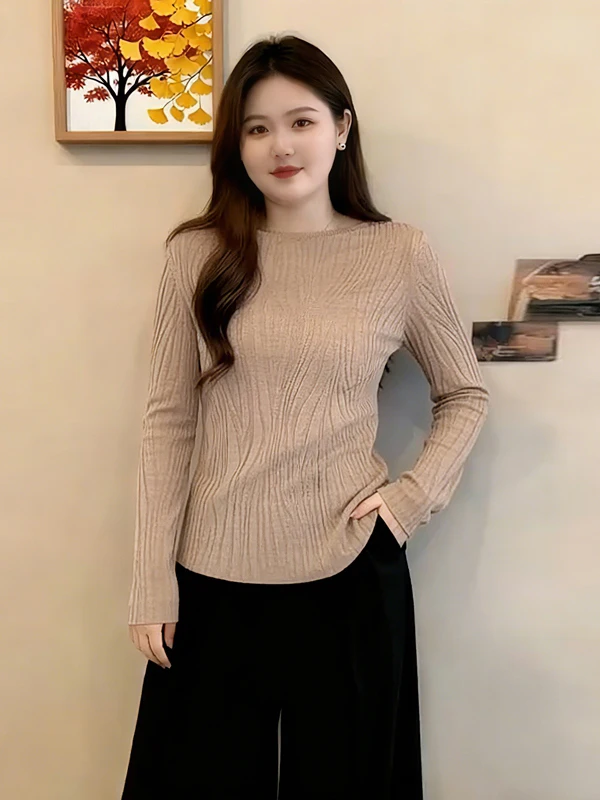 

Женский приталенный вязаный свитер с длинным рукавом, весна 2026, большие размеры, корейский стиль, с драпировкой, для повседневной носки