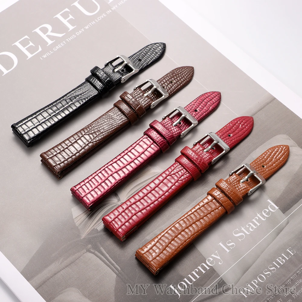 Ultra-thin Leather Watch Strap 8mm 10mm 12mm 14mm 16mm Lizard-patterned Leather Watch Bracelet Silver Gold Buckle with Tool
