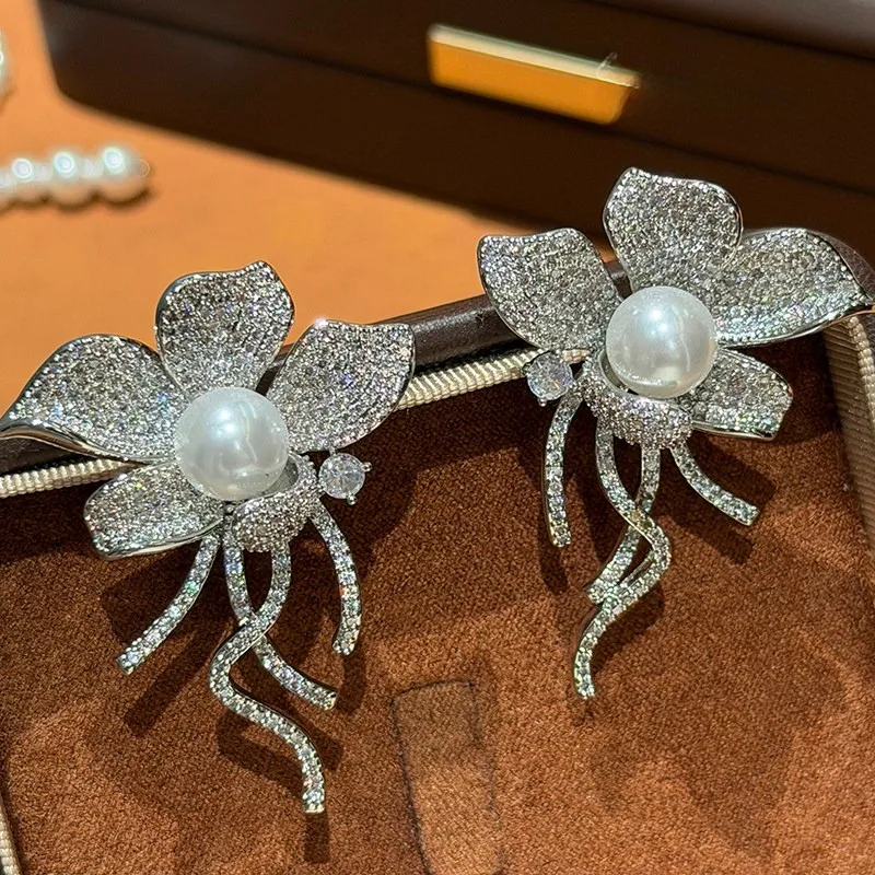 

Элегантные модные серьги с цветочным дизайном, цирконами, жемчугом и бахромой в стиле легкой роскоши