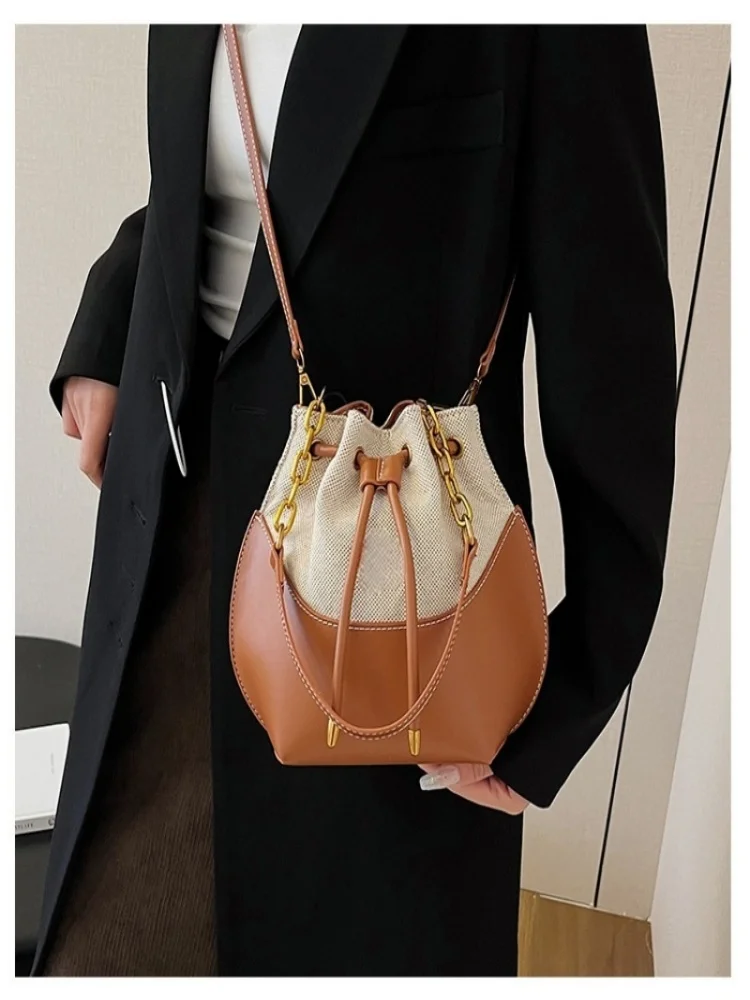

2025 new fashion color-blocking patchwork bucket bag, handbag, commuting lucky bag, single-shoulder crossbody women's bag