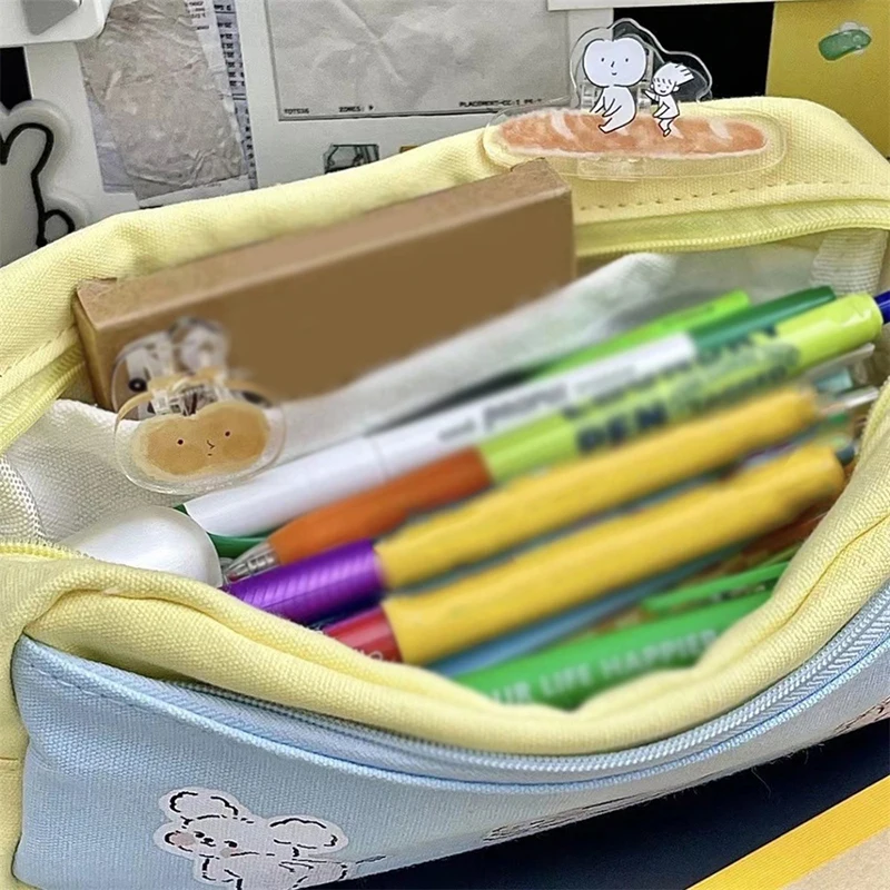 Cute Cartoon Pattern Canvas Makeup Bag Toiletry Storage Bags Large Capacity Pencil Case Contrast Color Stationery Box