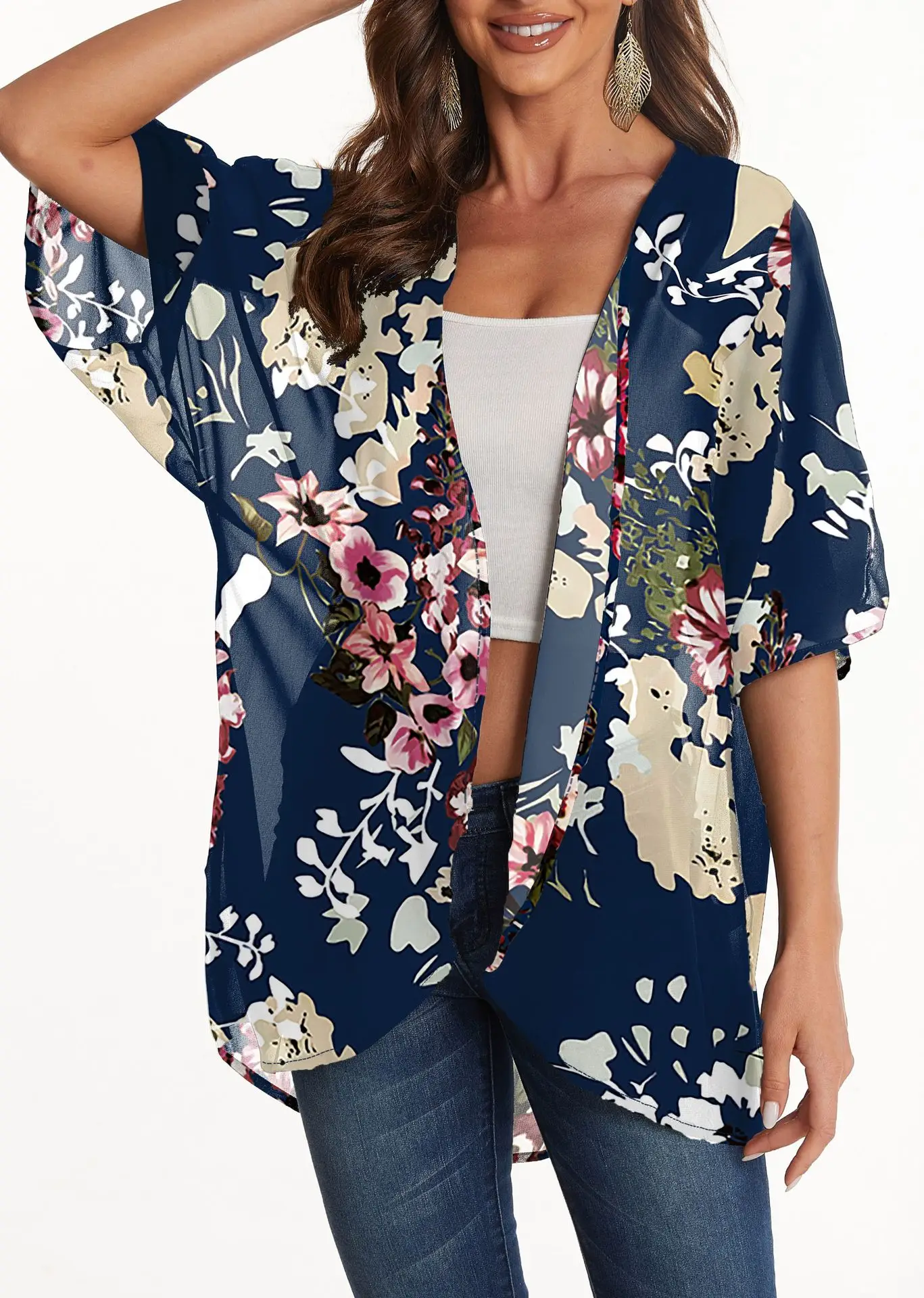 Women Chiffon Shirt 2025 Summer New Floral Print Loose Half Sleeve Shawl Cardigan Casual Boho Hawaii Bikini Cover Up