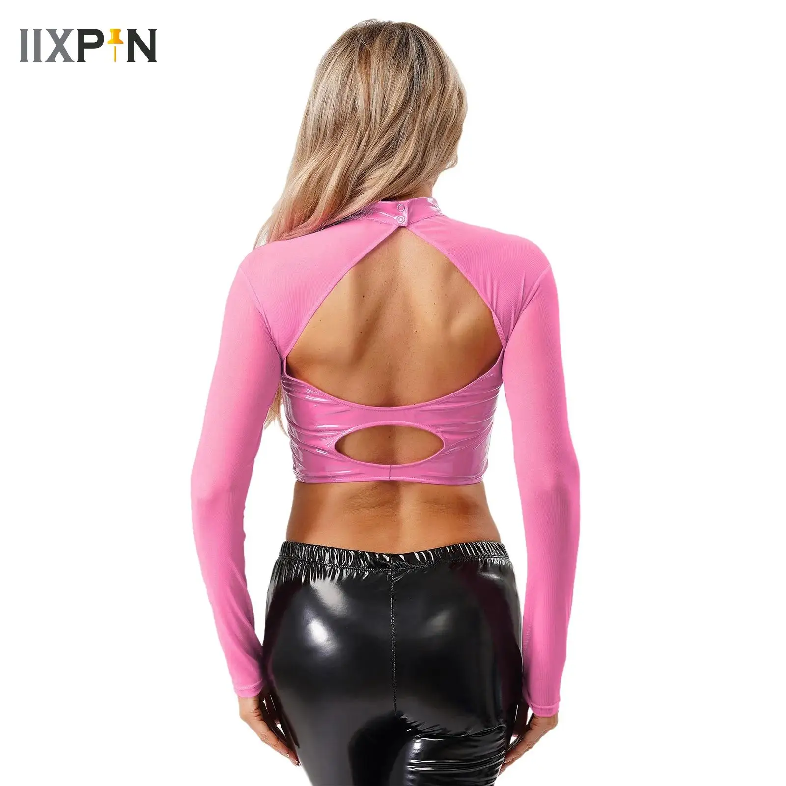 

Womens Glossy PU Leather Latex Crop Top Sheer Mesh Long Sleeve Chest Hollow-Out Blouse Wet Look Pole Dance Raves Party Clubwear