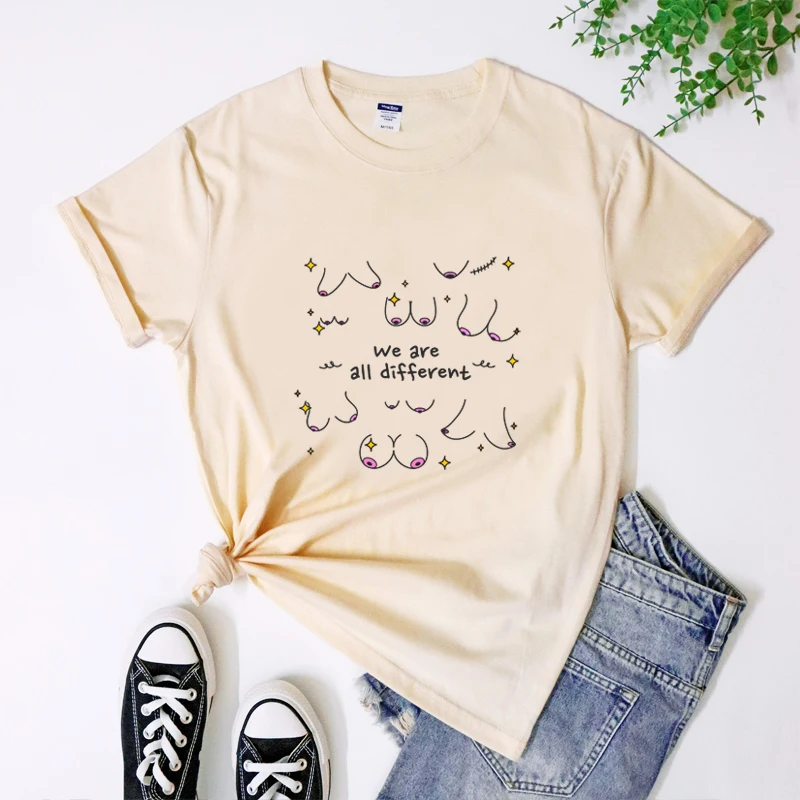 We Are All Different Boobs T Shirt Funny Women Body Positivity Tees Tops Stylish Breast Cancer Awareness Tshirts