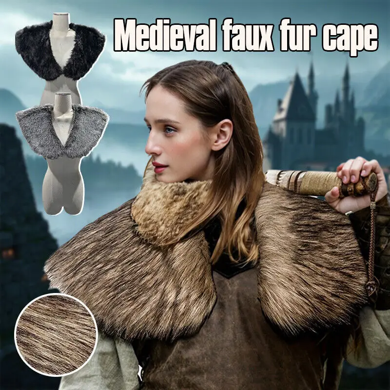

Medieval Faux Fur Cape Shoulder Cloak Faux Fur Collar Warrior Retro Fur Cape Halloween Costume Cosplay Accessories