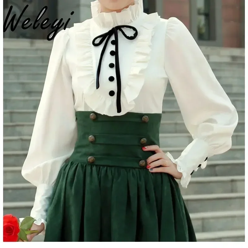 

Cute Y2k Lolita Jirai Kei Skirt Sets Women's 2024 Sweet Fashion Retro Court Style Lamb Leg Sleeves with Ruffle Edge Black Shirts