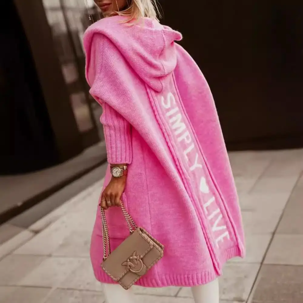 Prendas De Punto Nuevas Winter Warm Long Cardigan Lapel Hooded Letter Loose Woolen Knitted Sweater Pull Femme Grande Taille 2025