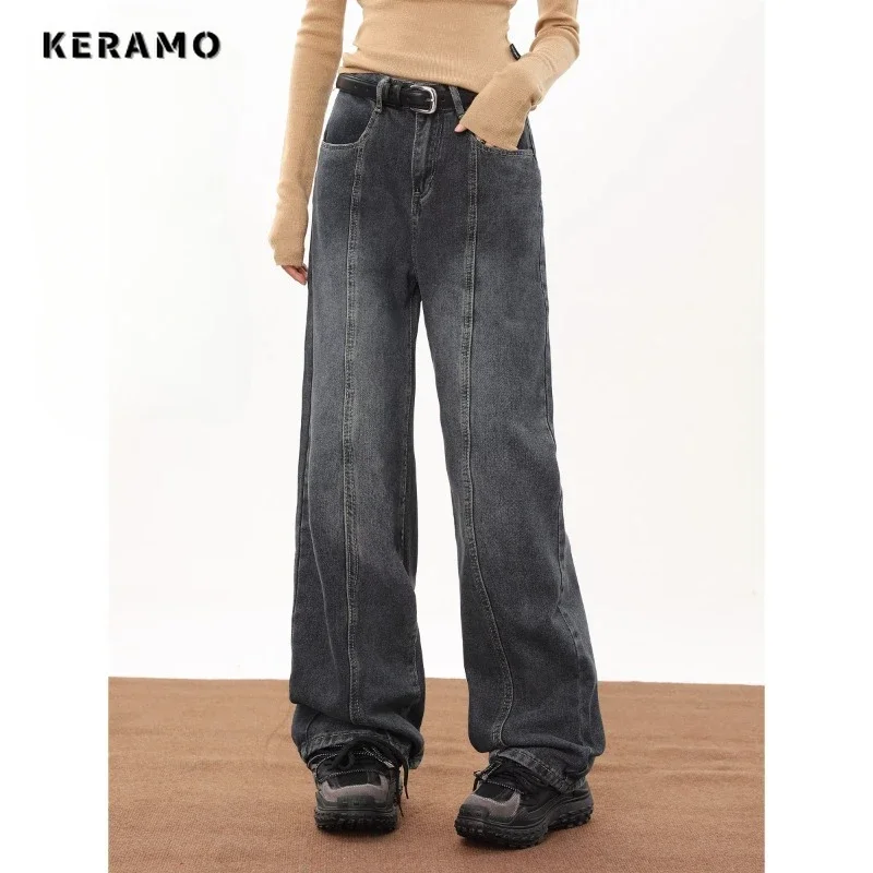 

Women's Vintage High Street Style Blue Straight Jeans Female Casual High Waist Pants Fashion Wide Leg Baggy Y2K Denim Trouser