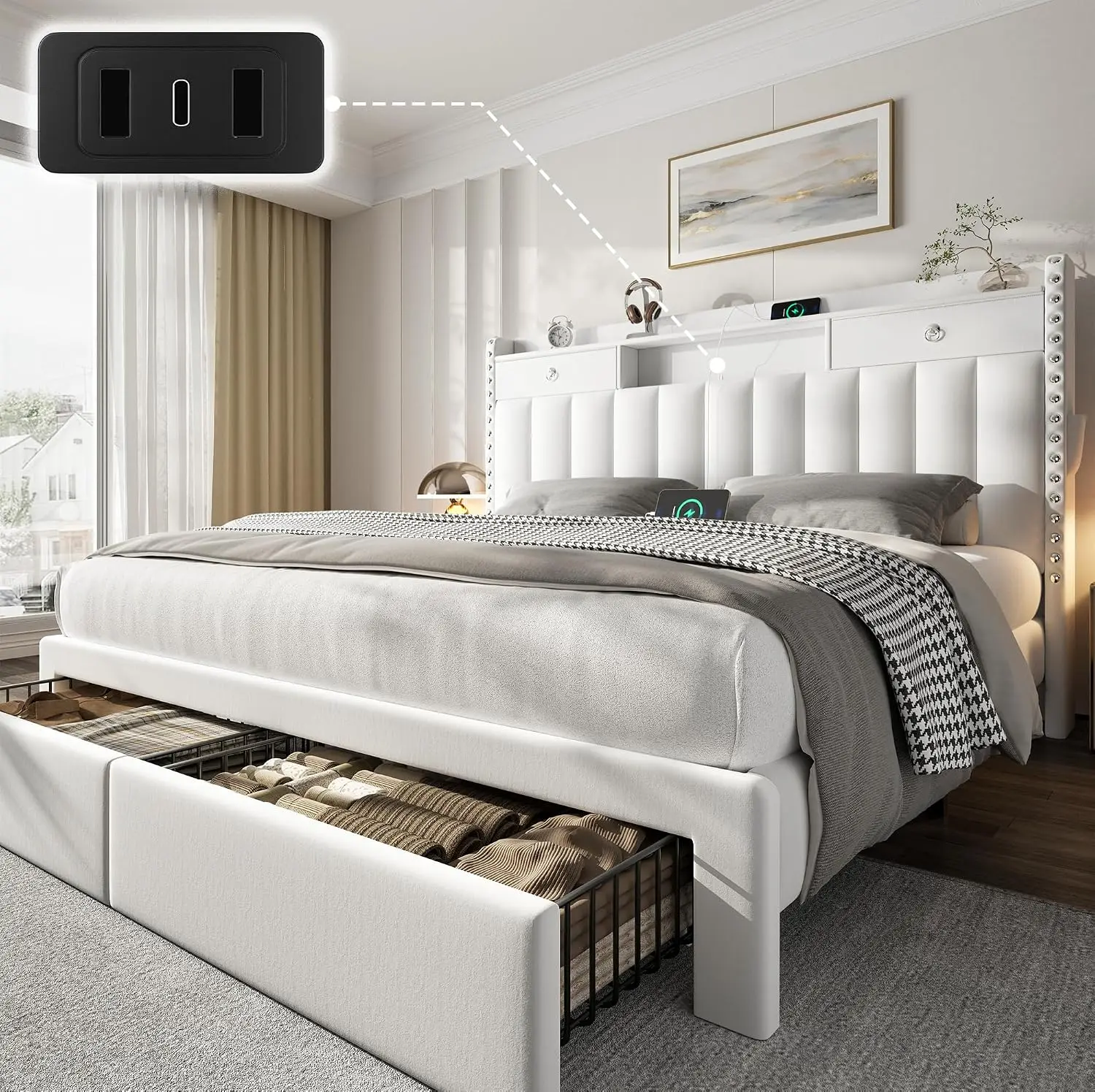 Queen Bed Frame 2-Tier Storage Headboard & 4 Drawers, Customized
