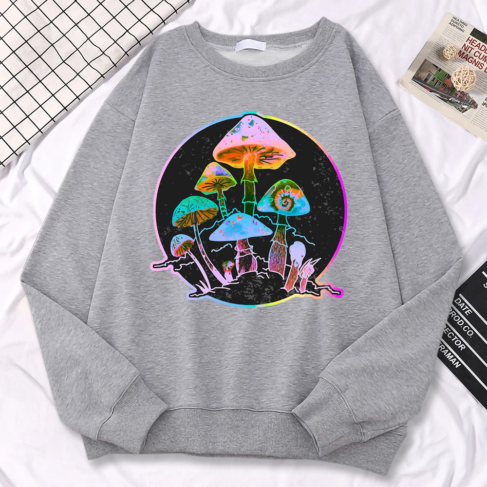 Casualwomen\'S Pullover Garden Of Shrooms Colorful Neon Style Mushroom Print Hoody Loose Crewneck Sweatshirts Warm Fleece Tops