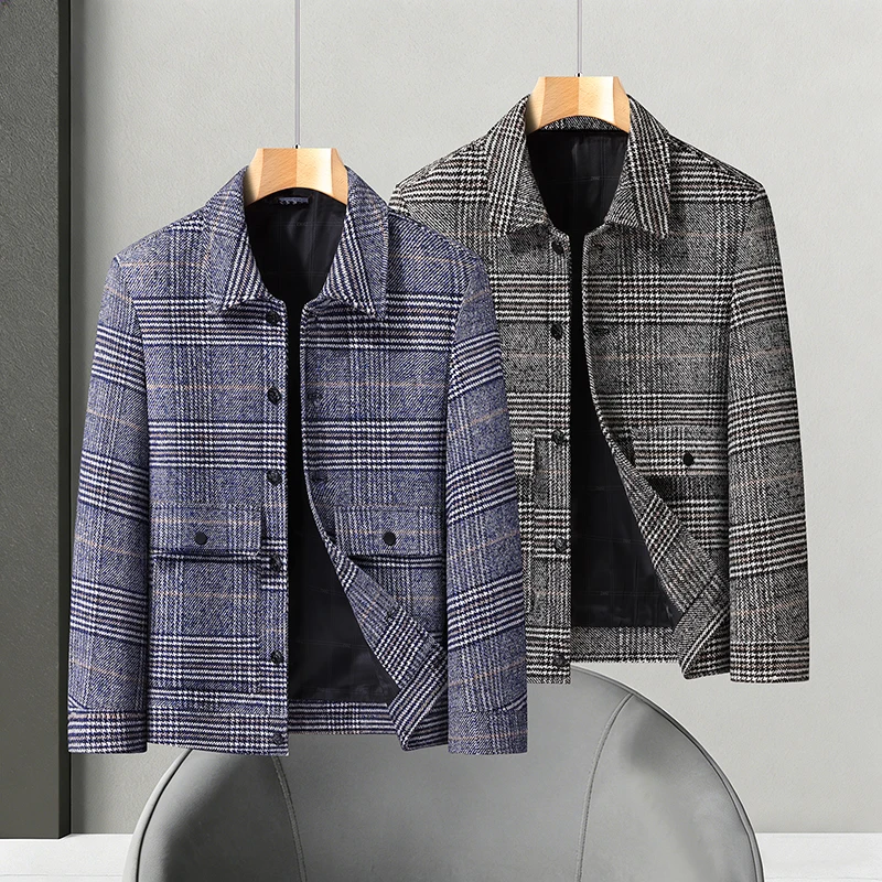 plus Size Men's Plaid Jacket Collared Casual Outerwear Short Top Fashionable Autumn Winter Thickened Large Shirt for Men