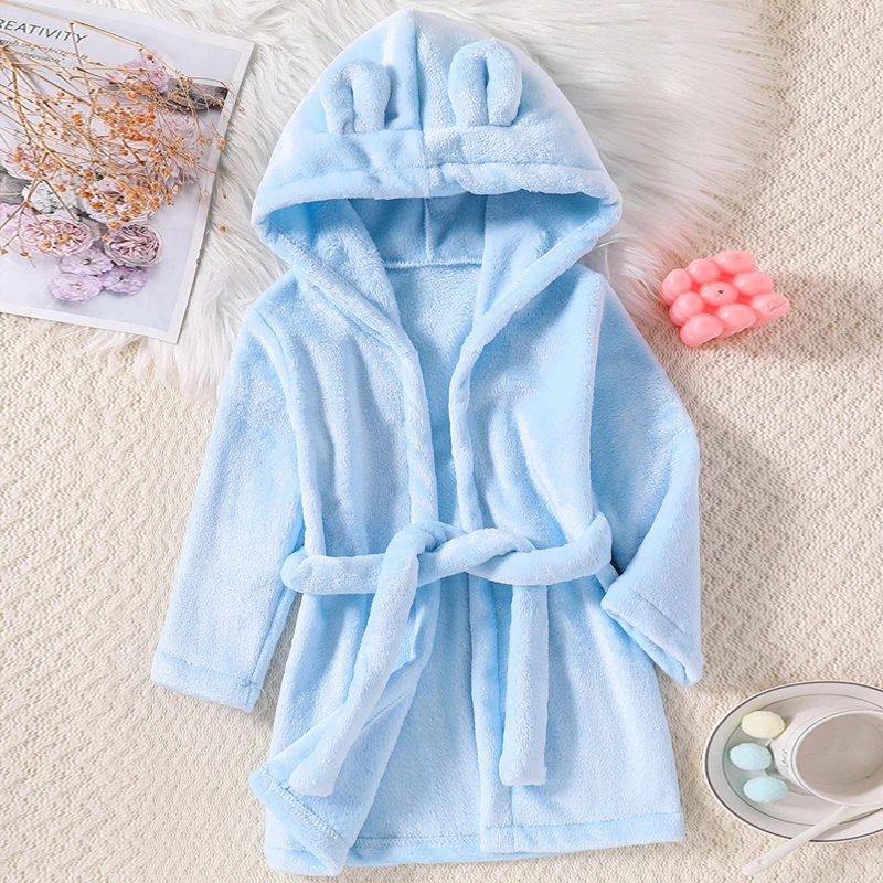 New Winter Kids Sleepwear Flannel Warm Hooded Bathrobe Children Solid Color Plush Pajamas Long Sleeve Robe Clothes 2-7Y